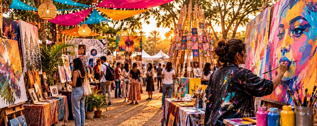 Illustrative outdoor art fair with paintings, installations and live creative work
