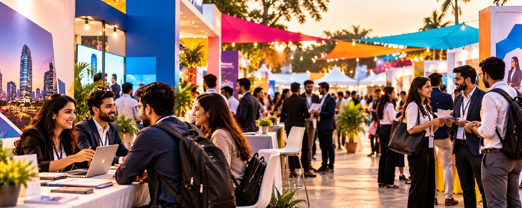 Illustrative outdoor career fair with conversations between visitors and recruiters